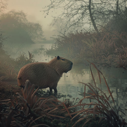 Morning exploration of a capybara near a misty river