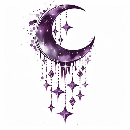 Mystical flat tattoo sketch for sparkle tattoo with crescent moon and sparkling stars in deep purple