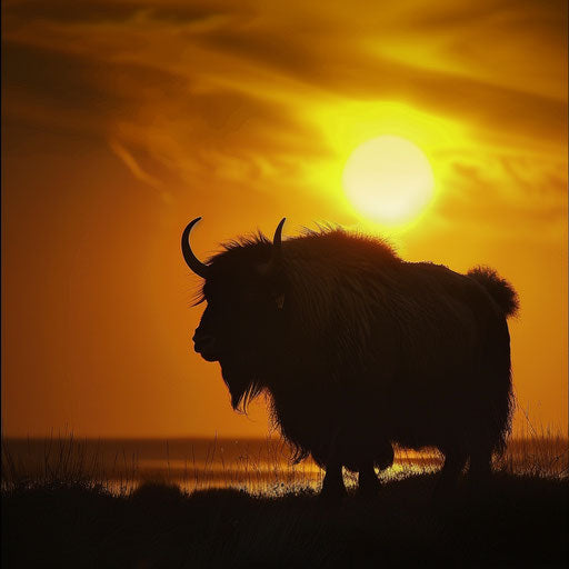 Yak silhouetted against a golden sunrise