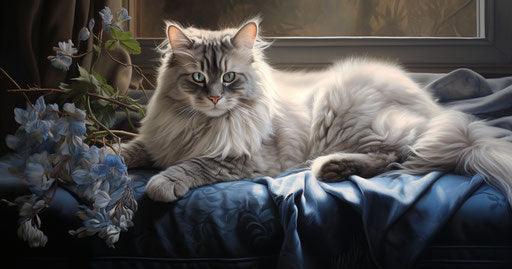 Feline companion, light beige and blue, somber mood, soft and dreamy, high definition, cut and paste, light silver and dark brown, white and pink 19:10