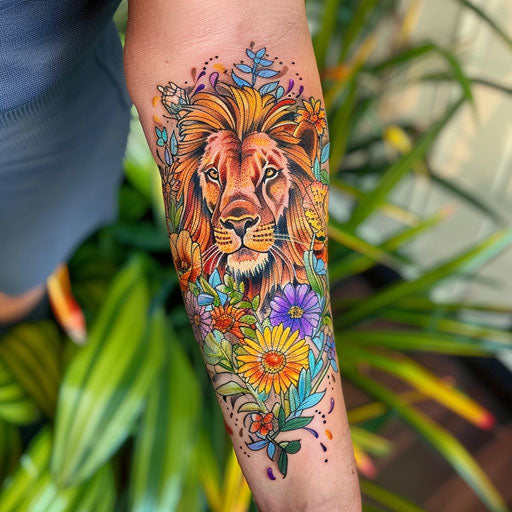 Wildflower tattoo with lion, regal colors, majestic pose, intricate details