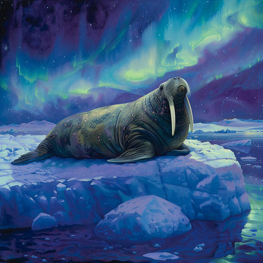 The majestic walrus seal basking on a frost-covered iceberg under the northern lights
