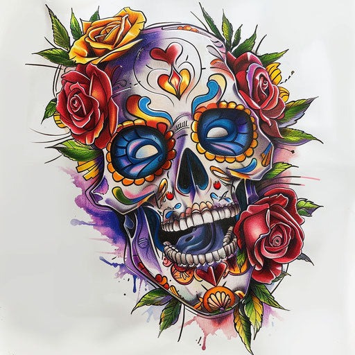 Sketch of a classic Chicano art skull with roses, bold lines and vibrant colors