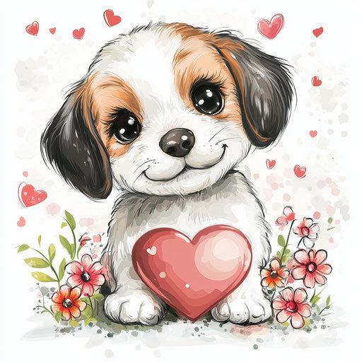 Cute puppy with heart and flowers, clipart style isolated on white background
