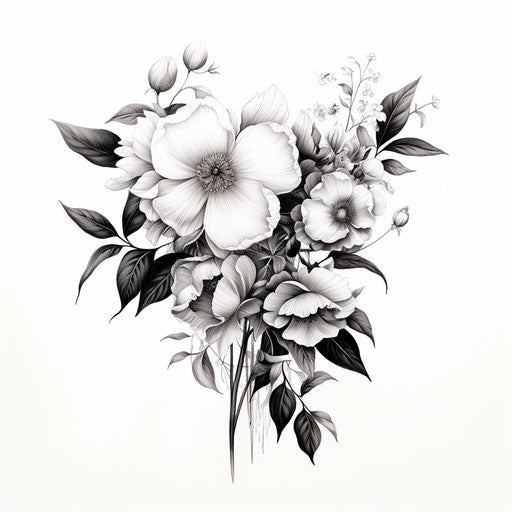 Drawing of flowers in black and white, tattoo-inspired style, pastoral charm, subtle tonalities