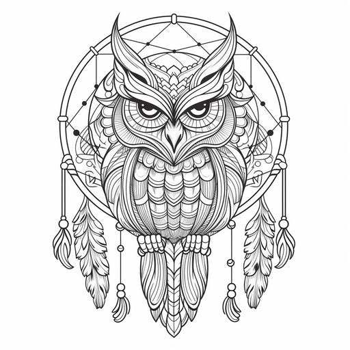 Owl in dream catcher with feathers, bold outlines style