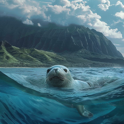 Majestic sight of a Hawaiian monk seal emerging from the ocean, with Hawaii's volcanic landscape in the background