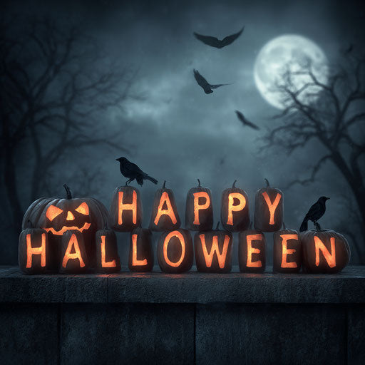 Nighttime scene with glowing pumpkins and crows