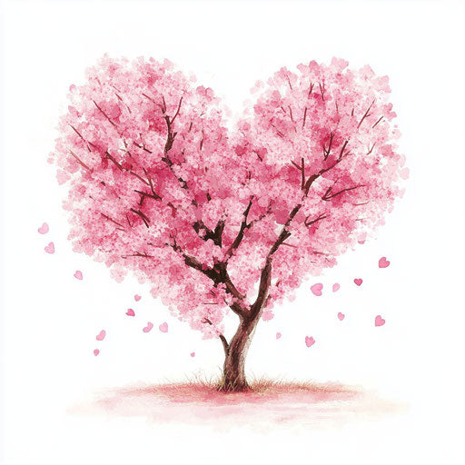 Cherry blossom tree heart shape, white background, cute cartoon style