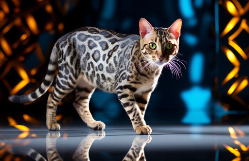 Bengal cat walking on blue floor, dark white and dark silver style, vibrant colors, glimmering