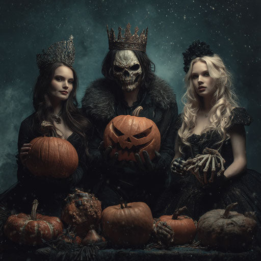 Mysterious Halloween Scene with Pumpkins and Masks