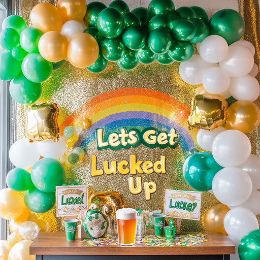 St. Patrick's Day party decorations: rainbow and pot of gold backdrop, green and white balloons, beer cup, St. Pat's signs, golden confetti, 'Lets Get Lucked Up' text
