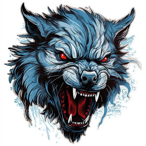 Wolf head on white background, woodcut heavy metal style