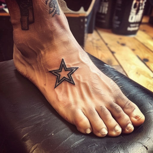Foot tattoos in the style of Ami James featuring a minimalist star