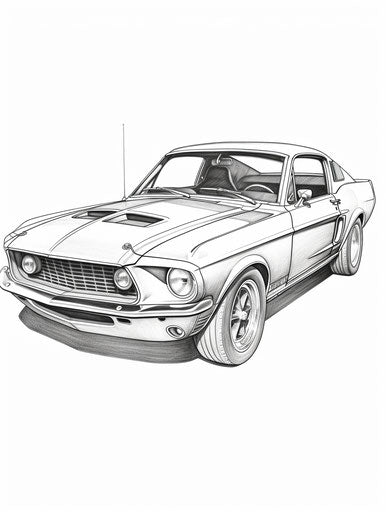 Ford mustang coloring page, in the style of yashica mat-124g, 1970s, low speed film, cobra 3:4