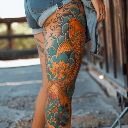 Female leg tattoos, Ami James style, traditional koi fish