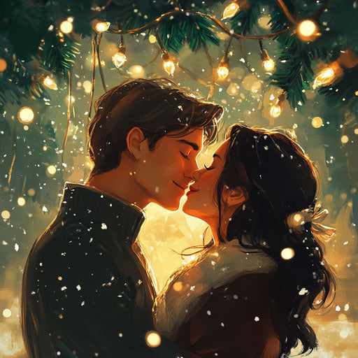 Kiss under mistletoe and Christmas lights