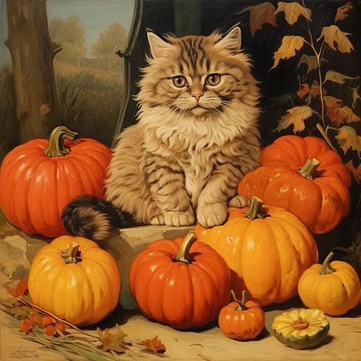 Louis Wain cat resting with pumpkins