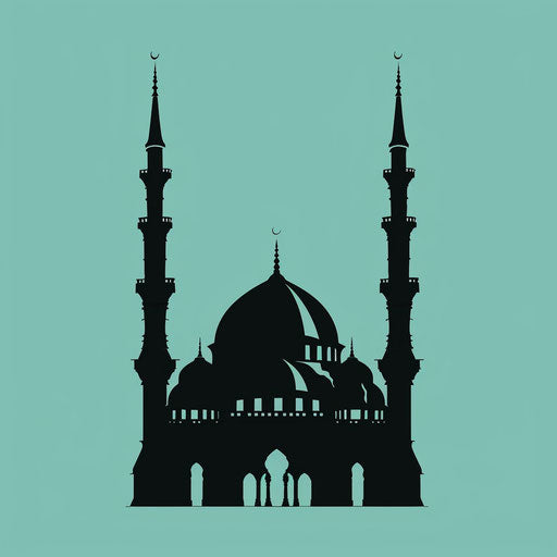 Realistic mosque silhouette in photo style on flat turquoise