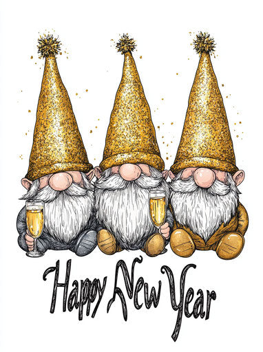 Three gnomes with golden hats and champagne glasses