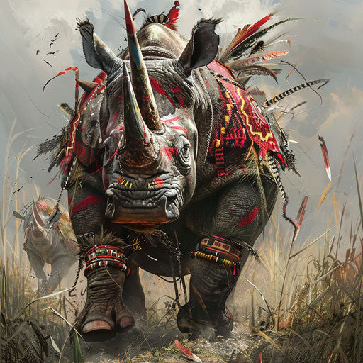 Ancient ritual of a rhino with tribal feathers