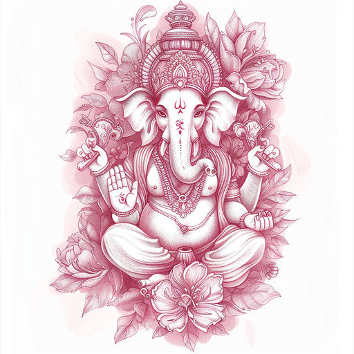 Romantic Ganesha tattoo sketch with floral patterns and soft pink tones