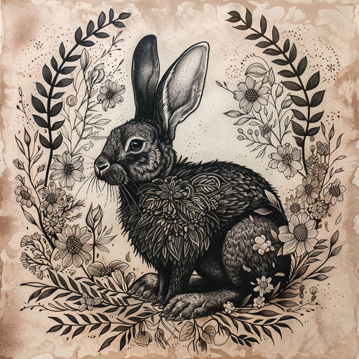 Elegant flat tattoo sketch of a black rabbit surrounded by intricate floral designs