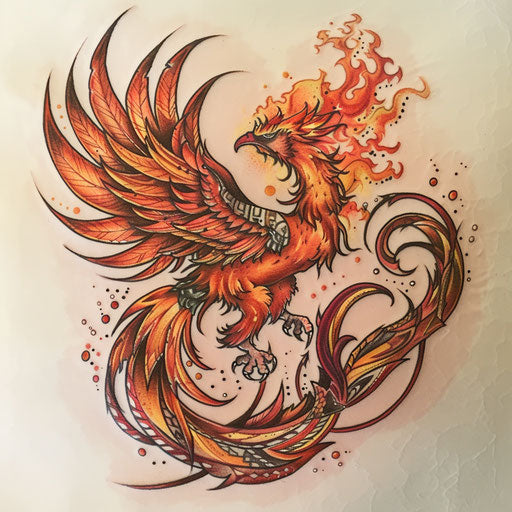 Mayan-inspired phoenix tattoo, rising in orange and red flames, on a white canvas