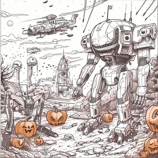 Futuristic Halloween with robotic monsters in Hideo Kojima style