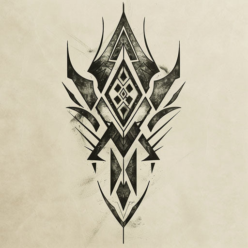 Dynamic flat tattoo sketch of a power sigil with bold, angular geometric patterns