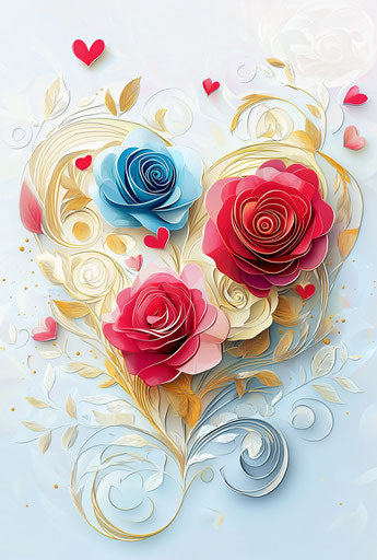 Valentine's Day poster, vector illustration heart-shaped paper-cut art style with roses and swirls in red, pink, cream, blue, and gold, dreamy romantic atmosphere, elegant, delicate