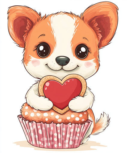 Adorable puppy holding heart-shaped cookie