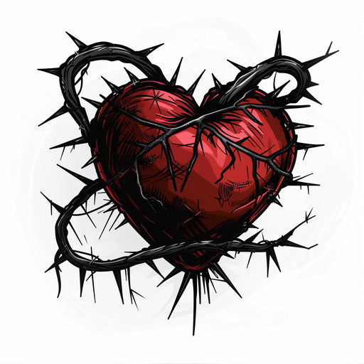 Morbid tattoo sketch of a heart with thorns wrapped around it in black and red clipart style