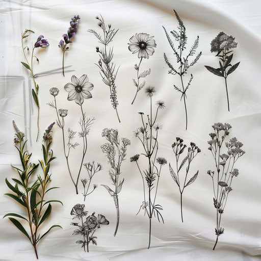 Wildflower tattoos in elegant Art Nouveau style on white canvas