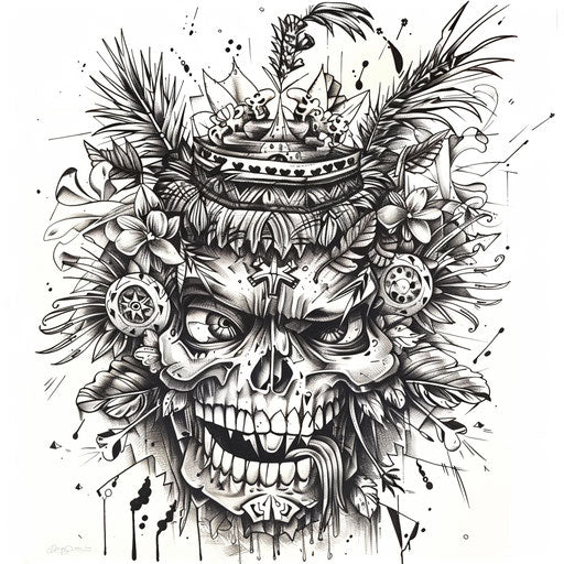 Vibrant tattoo sketch of a shrunken head surrounded by festive, cultural decorations