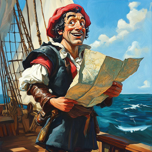 Humorous caricature of Christopher Columbus on the ship deck