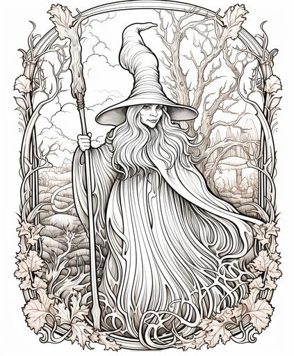 Coloring page of a witch and broom, in the style of mesmerizing colorscapes, poured, cottagepunk, ilford pan f, controversial, expansive, subtle 5:6