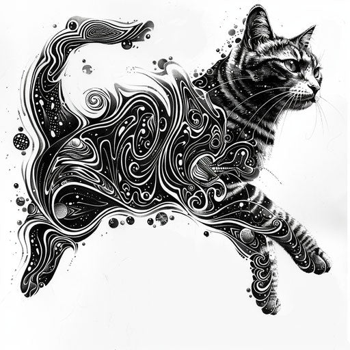 Dynamic tattoo sketch of a leaping cat filled with cosmic patterns