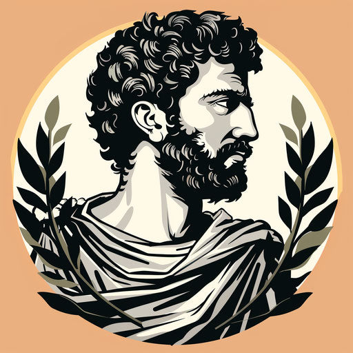 Flat tattoo sketch of Marcus Aurelius in a stoic pose with a laurel wreath
