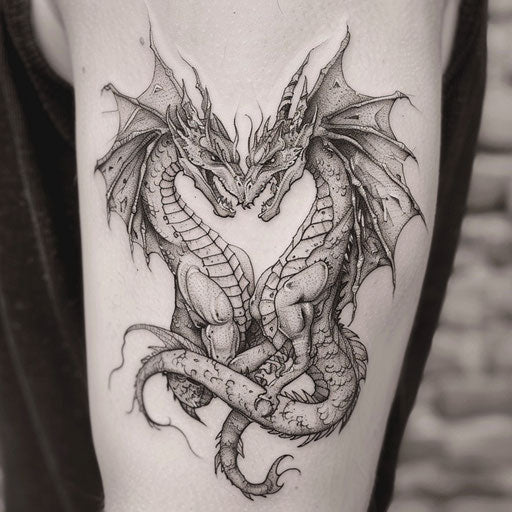 Sibling tattoos in the style of Glenn Fabry with fantasy dragons