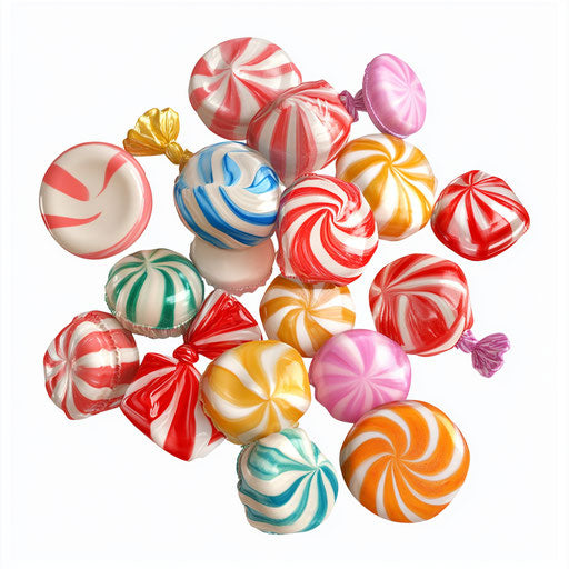 3D candies on white background, photo realistic style