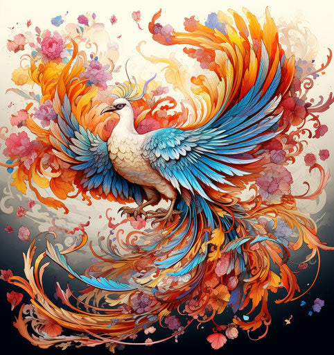 Colorful phoenix with plumage and long tail, rococo-inspired art