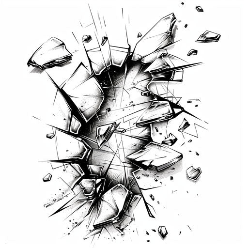 Dynamic tattoo sketch of a shattered mirror with floating pieces