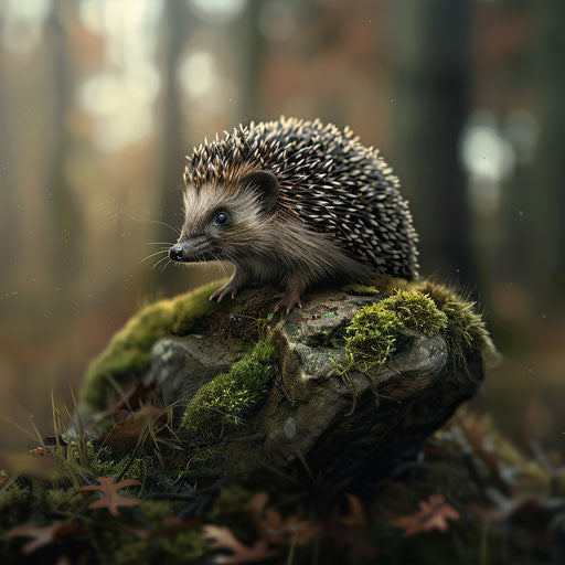 A hedgehog perched on a mossy stone, surveying the forest