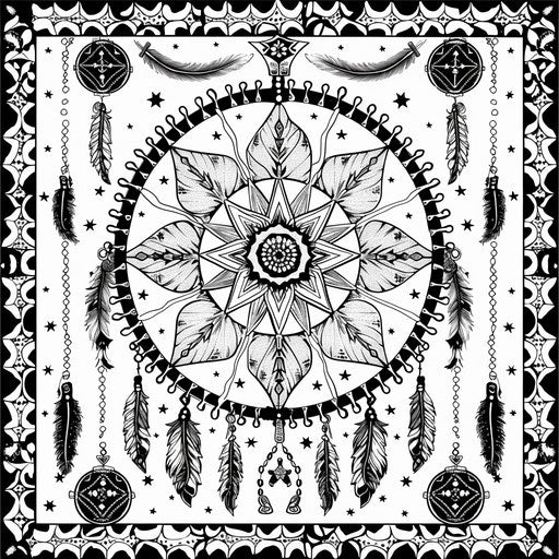 Dream catcher with tribal patterns and symbolic elements