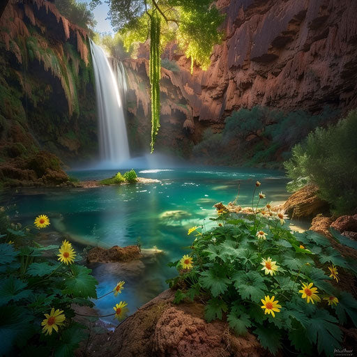Havasu Falls with lush jungle and exotic plants