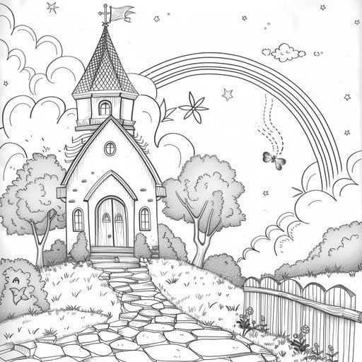 Whimsical church with a rainbow in the background