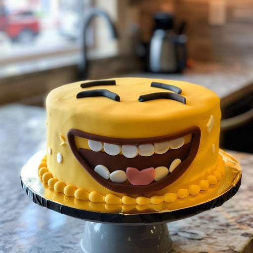 Yellow cake with emoji face, laughing out loud