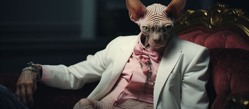 Sphynx cat on owner's lap, disfigured forms style, dense textured surface, teethcore 41:18