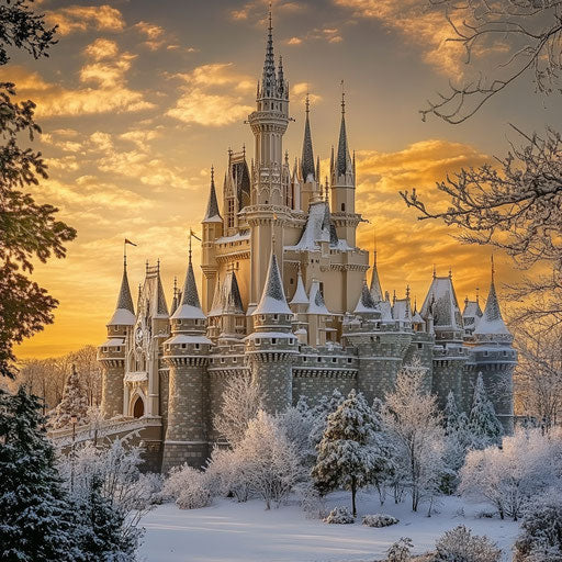 Majestic castle in the snow at golden sunset